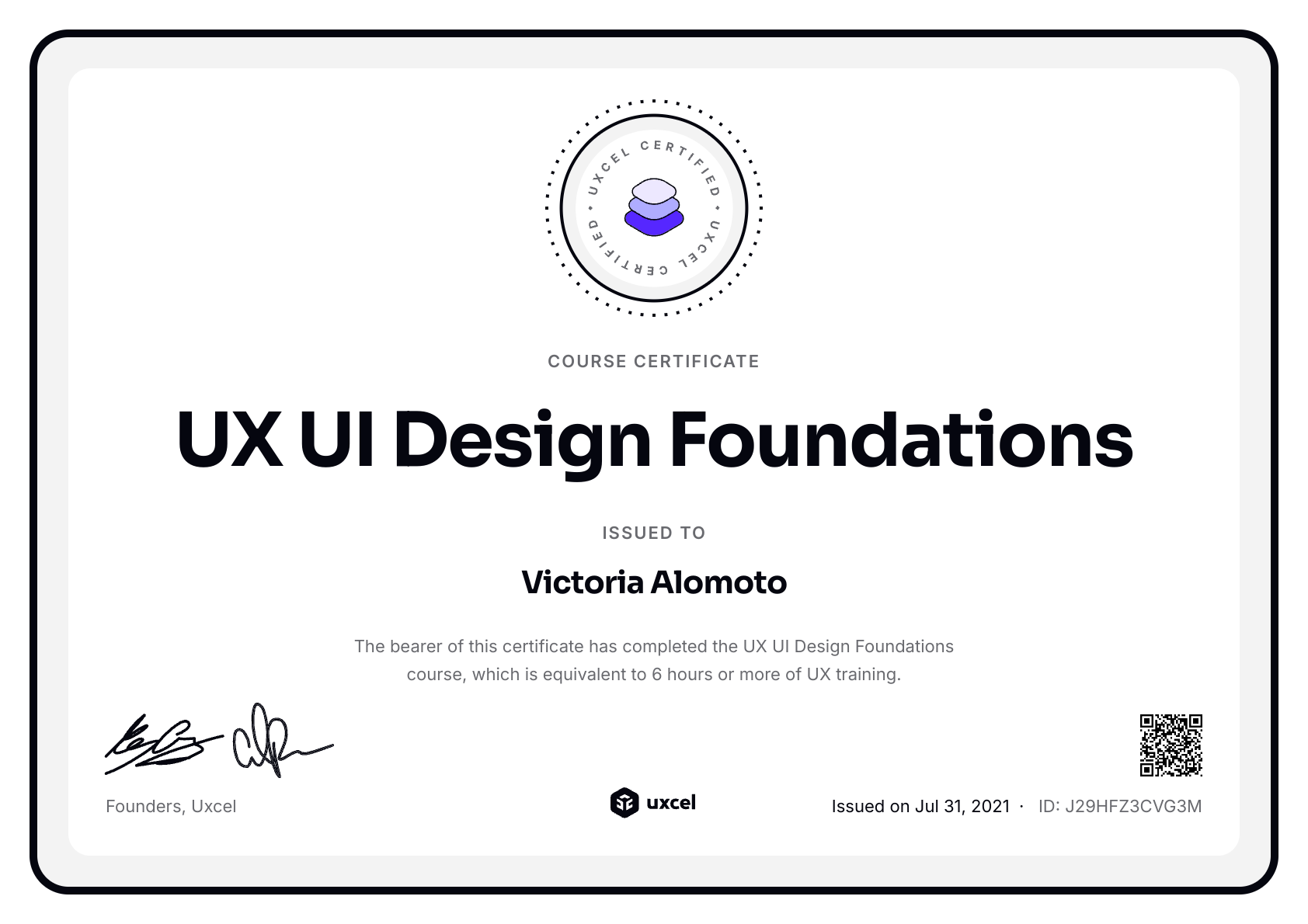 Victoria Alomoto's certificate